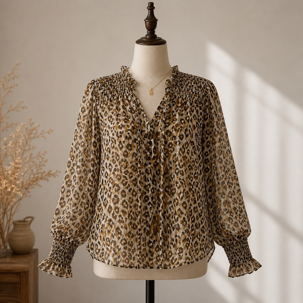 By The‎ River Top Womens Large Brown Leopard Metallic Sheer Smocked Cuff Flowy